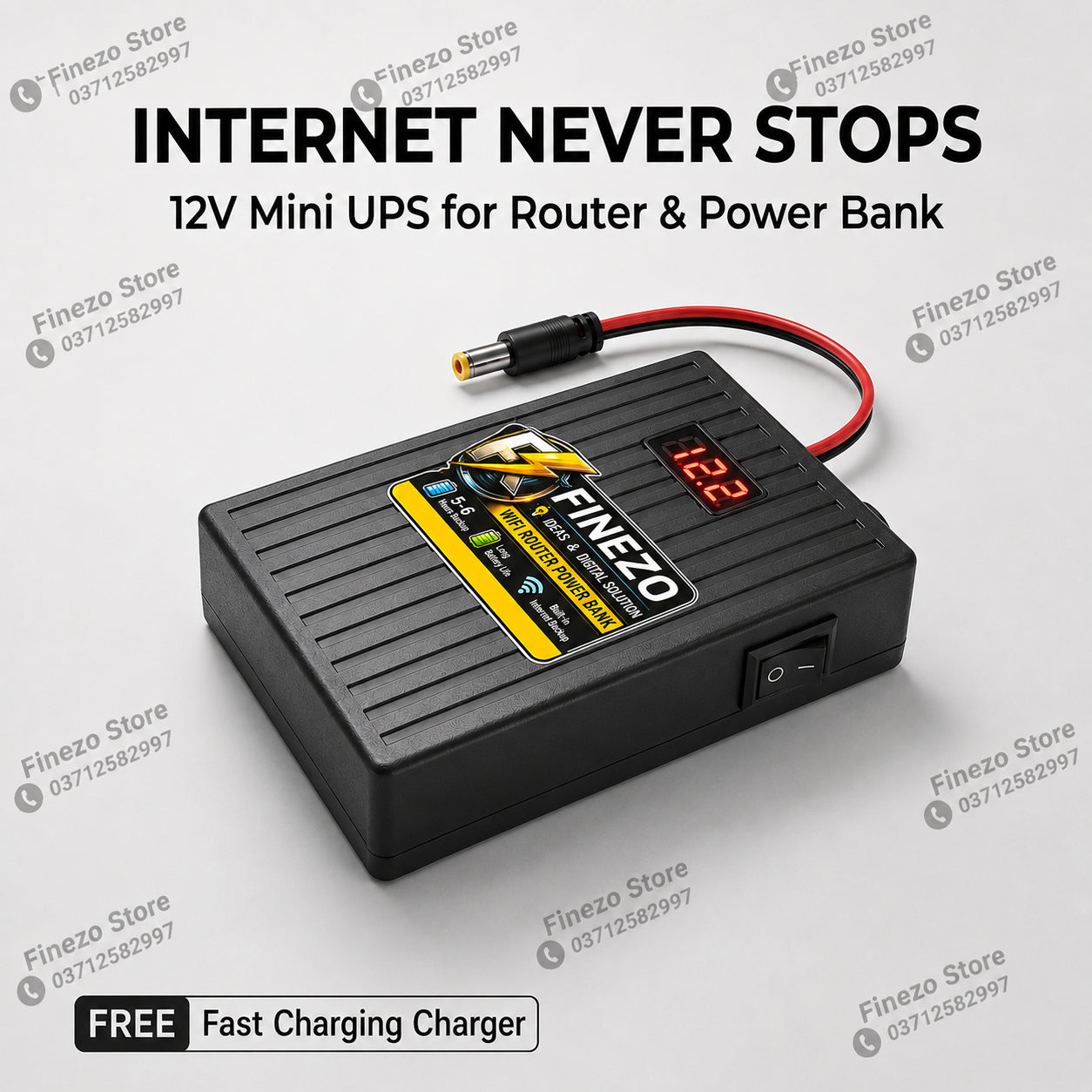 Finezo 12V WiFi Router Power Bank – UPS Backup with Digital Voltage Display