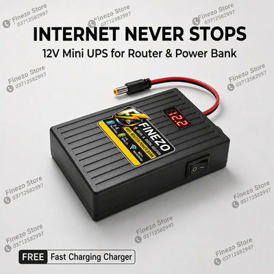 Finezo 12V WiFi Router Power Bank – UPS Backup with Digital Voltage Display