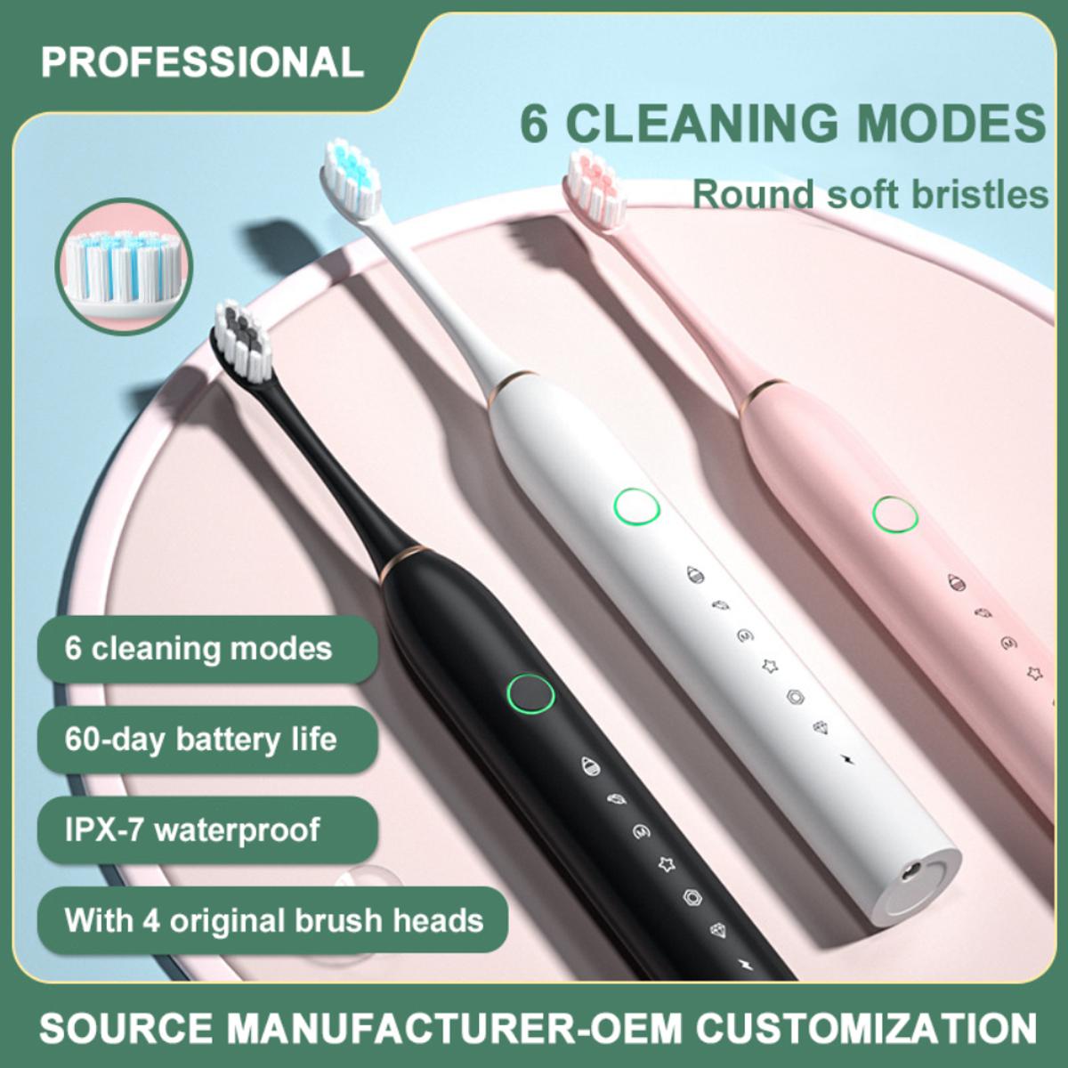 Rechargeable Electric Toothbrush with 2 Extra Heads – USB Charging Washable Teeth Whitening Brush