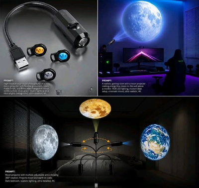 USB Moon & Earth Projector Light – Flexible Gooseneck with Interchangeable Film Slides