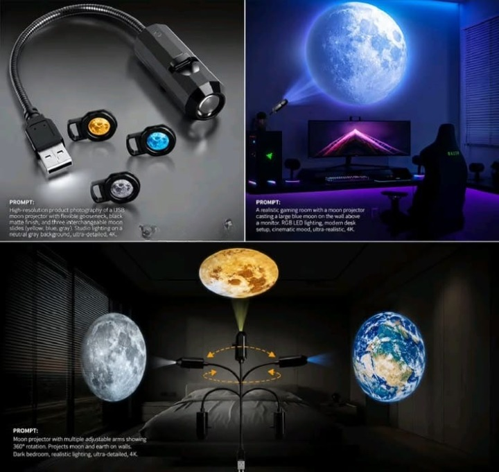 USB Moon & Earth Projector Light – Flexible Gooseneck with Interchangeable Film Slides